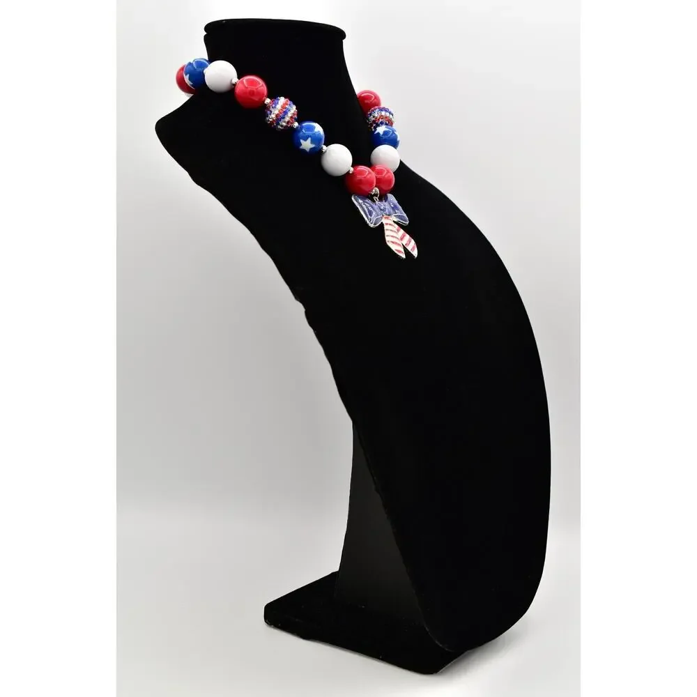 Statement Necklace American Flag Star Red White Blue Beaded 4th July USA BinA17